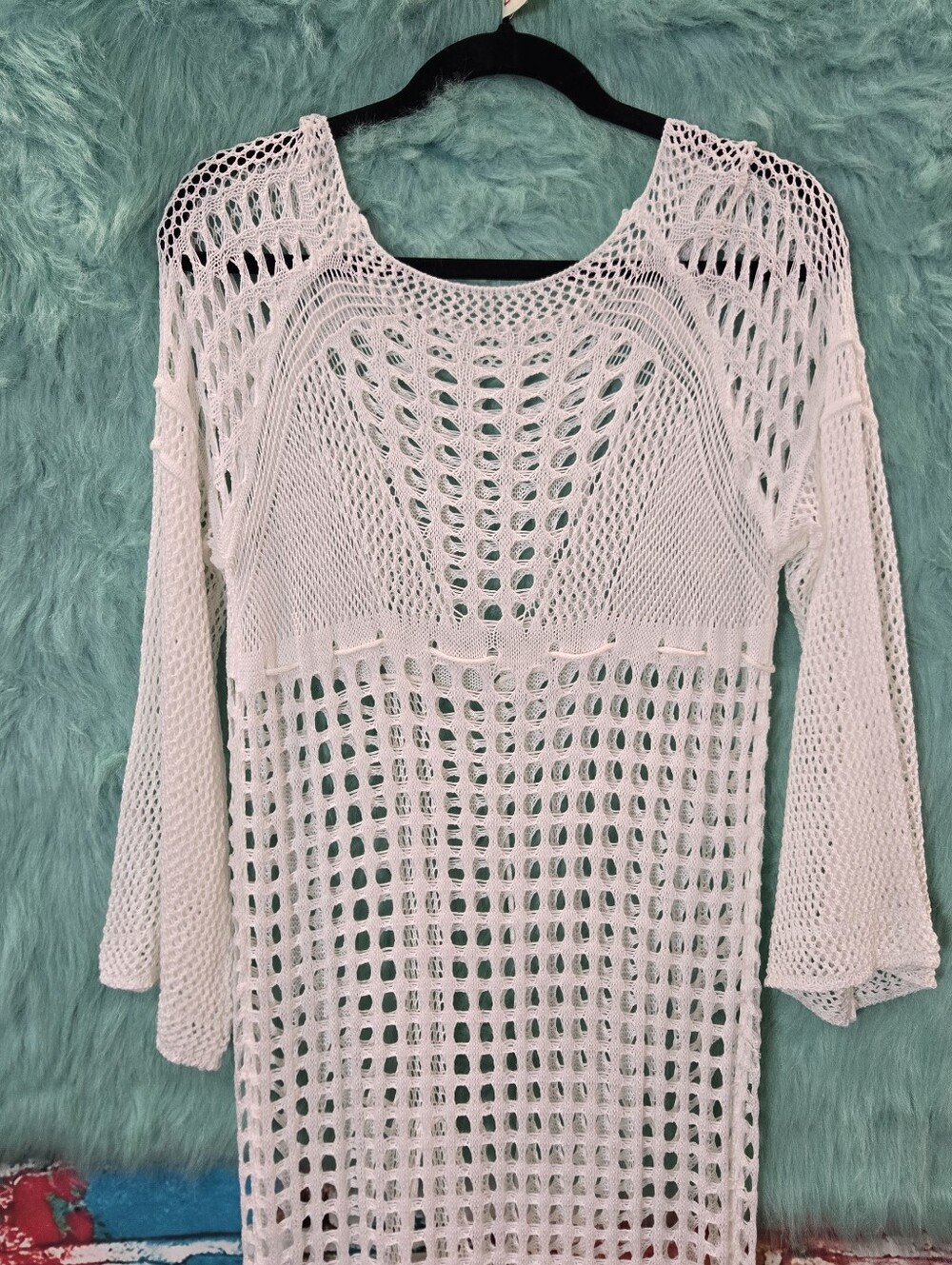 No brand tag White Knit Long Bell Sleeve Sleeve Swimsuit Cover Up Approx S-M - Picture 3 of 11